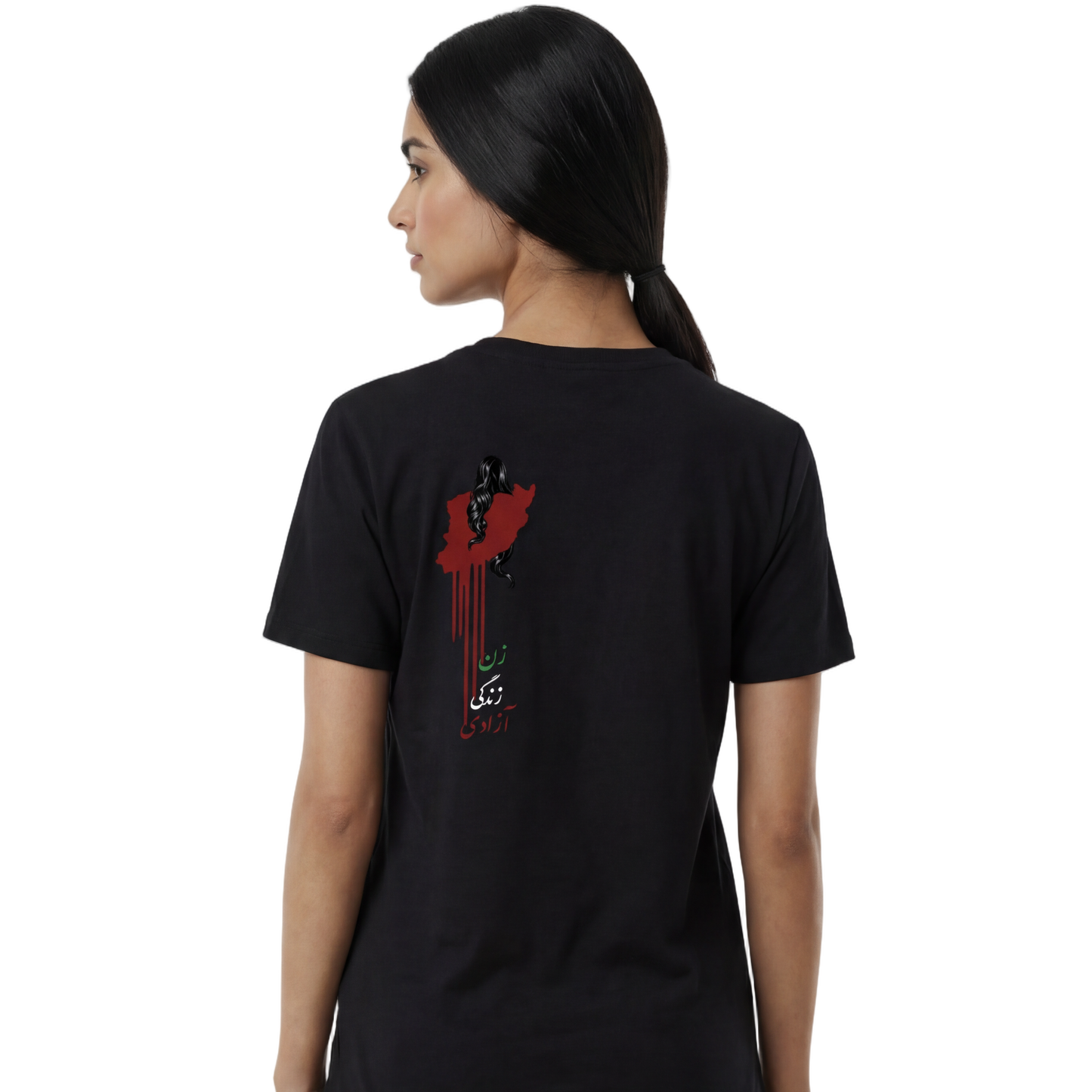 Person wearing a black t-shirt with a design on the back, standing against a white background