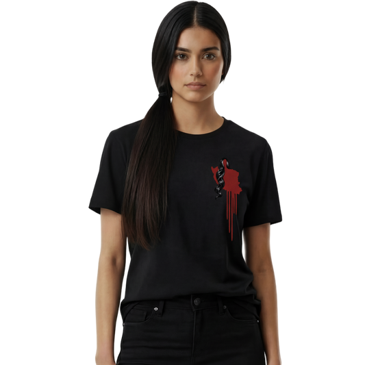 Woman wearing a black t-shirt with a red graphic design on a white background
