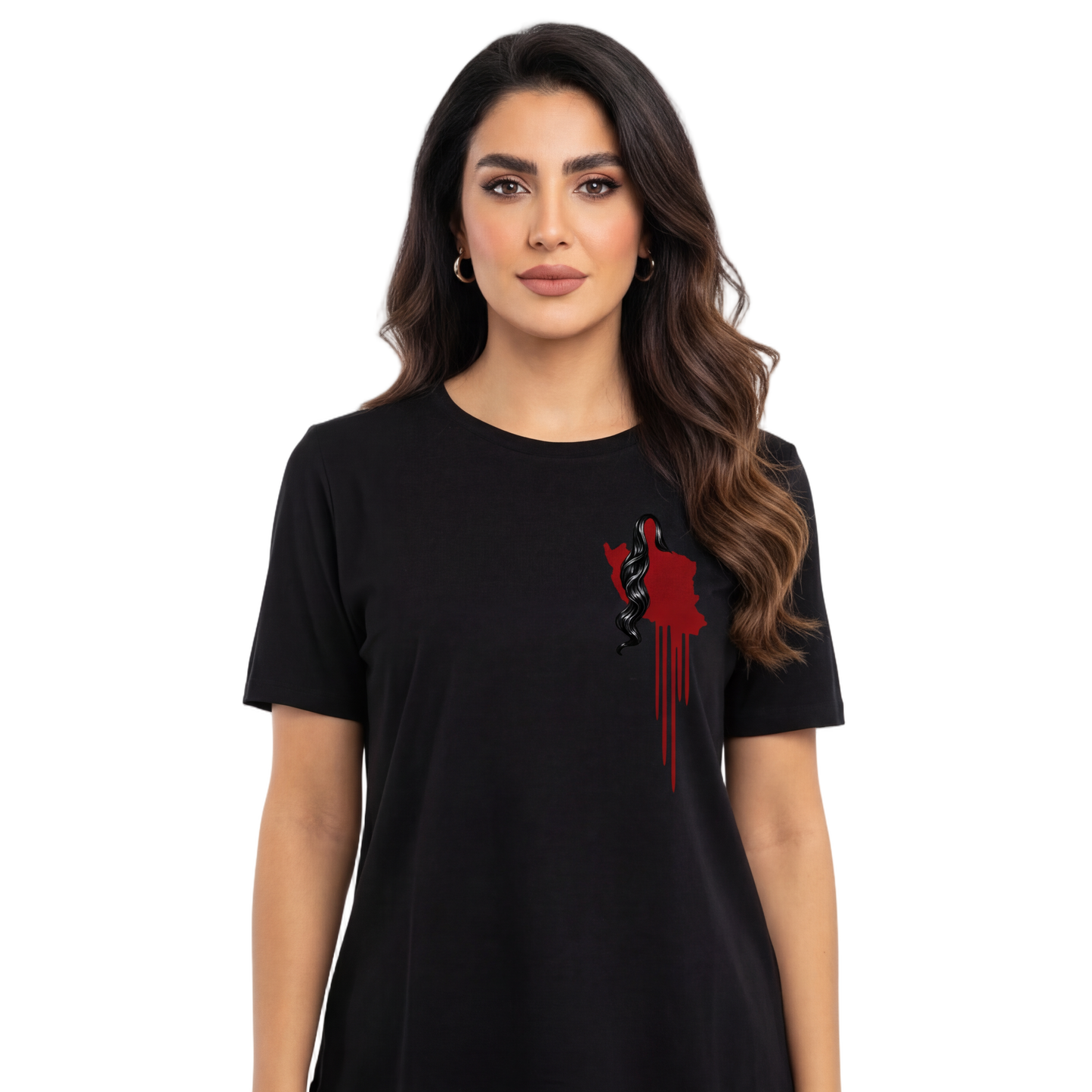 Woman wearing a black t-shirt with a red graphic design on a white background