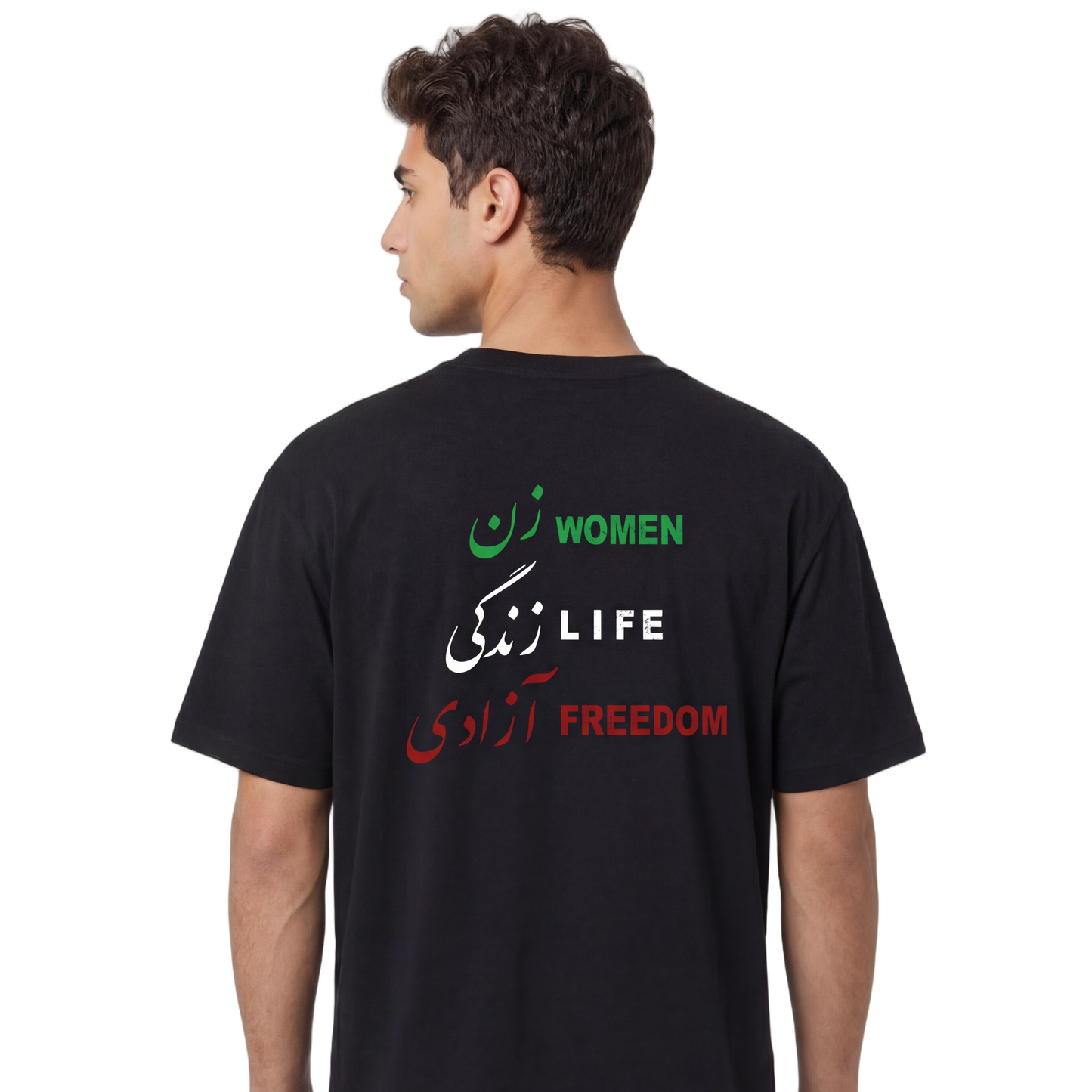 Man wearing a black t-shirt with text on the back, standing against a white background