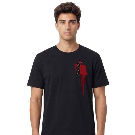 Man wearing a black t-shirt with a red and white graphic design on a white background