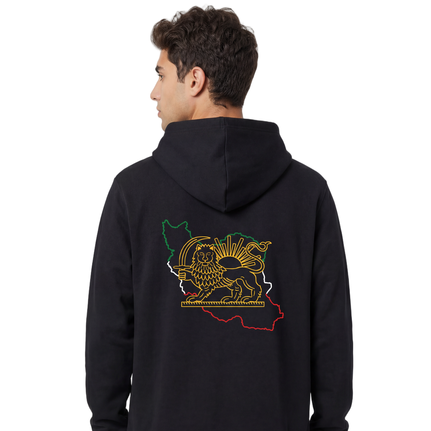 Person wearing a black hoodie with a colorful graphic on the back, standing against a white background