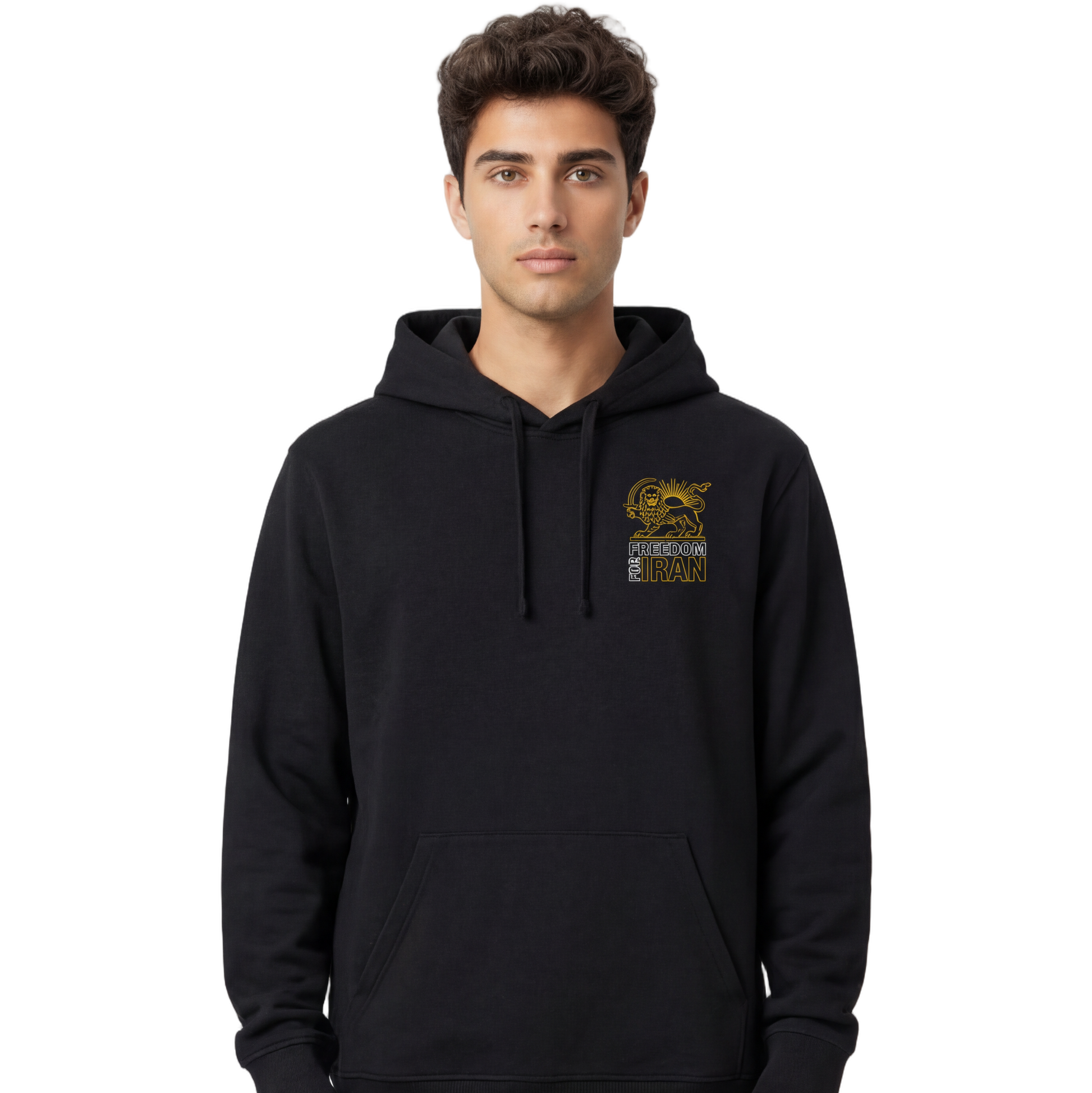 Man wearing a black hoodie with a logo on a white background