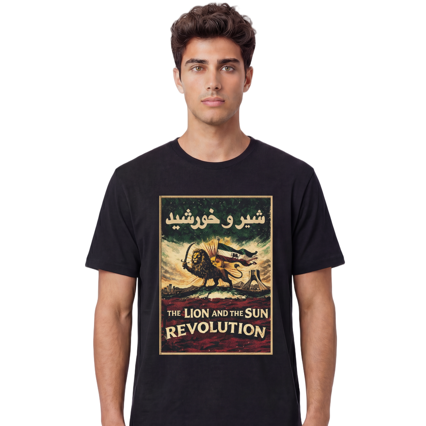 Man wearing a black t-shirt with a graphic design and text.