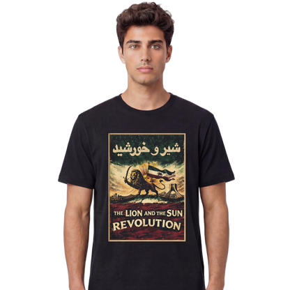 Man wearing a black t-shirt with a graphic design and text.