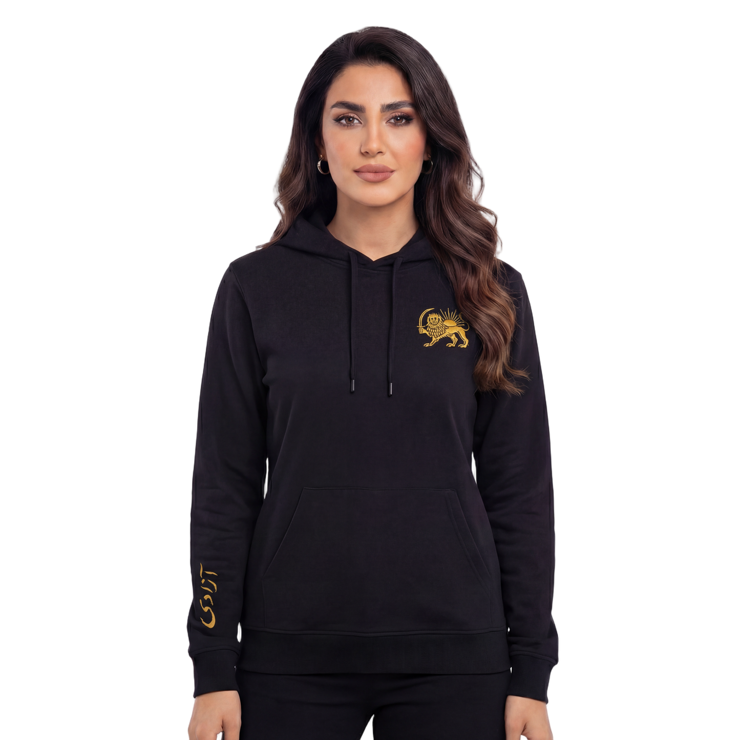 Woman wearing a black hoodie with a gold lion emblem and Farsi Azadi on sleeve on a white background
