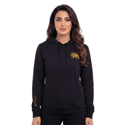 Woman wearing a black hoodie with a gold lion emblem and Farsi Azadi on sleeve on a white background