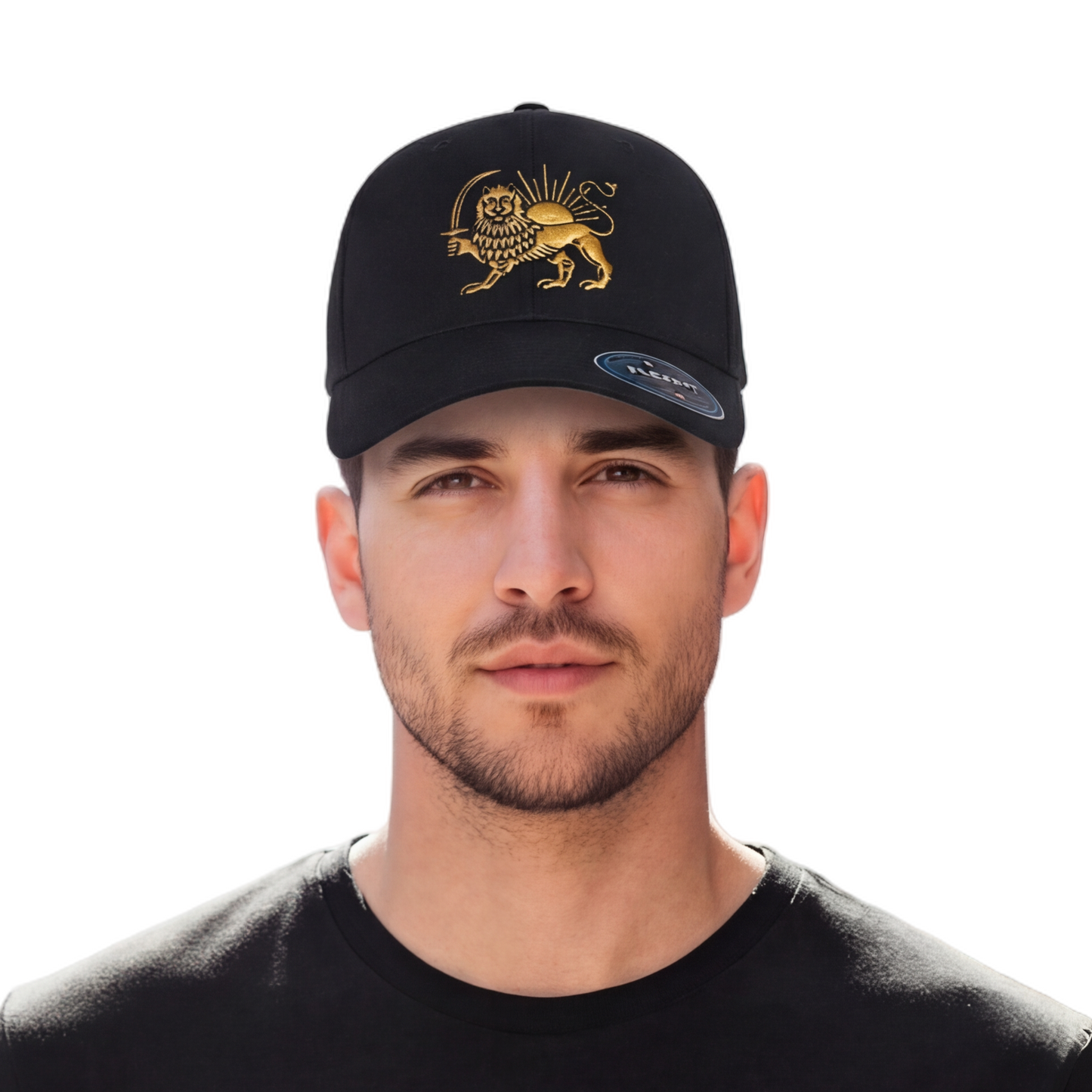 Man wearing a black t-shirt and cap with a lion emblem on a white background