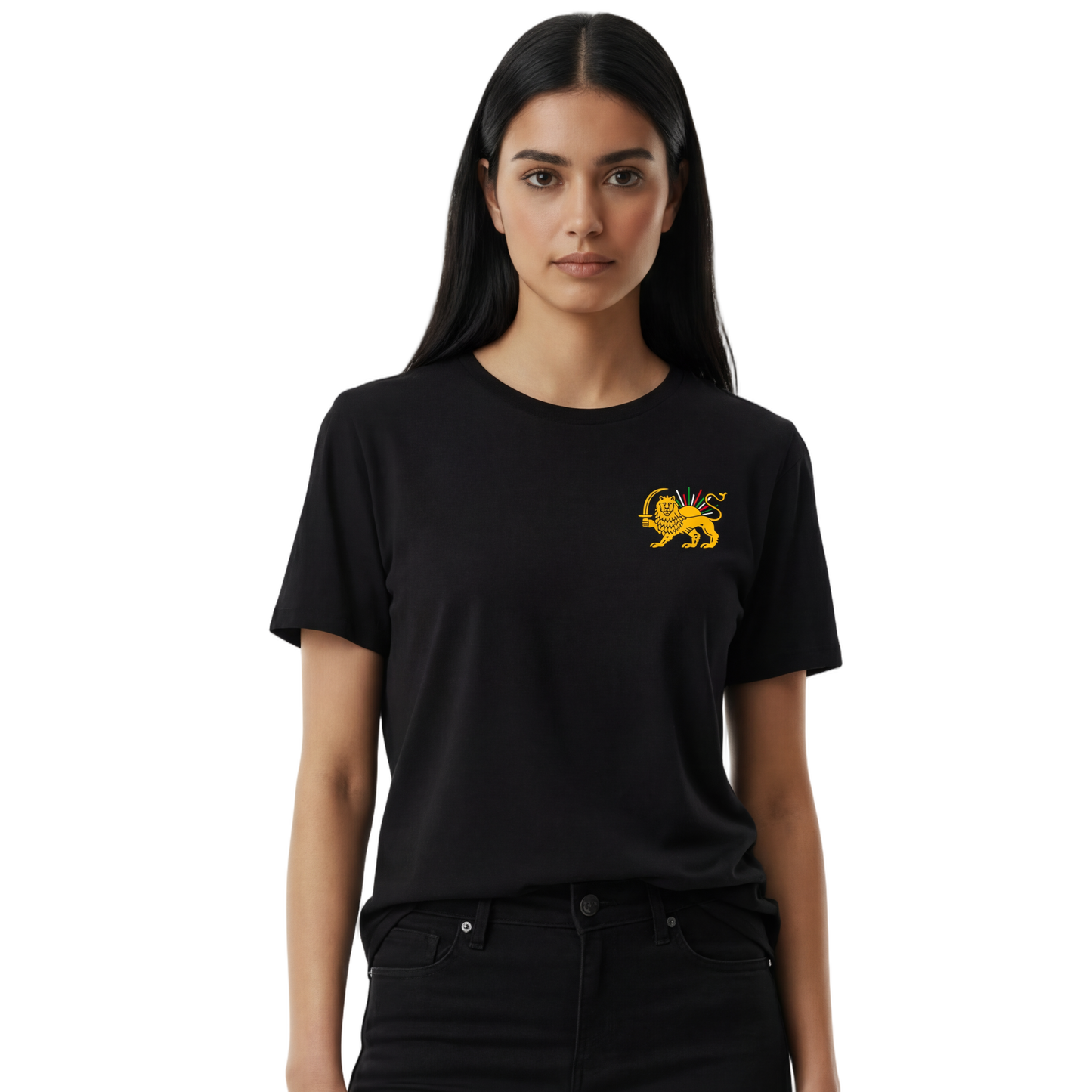Woman wearing a black t-shirt with a yellow logo on a white background