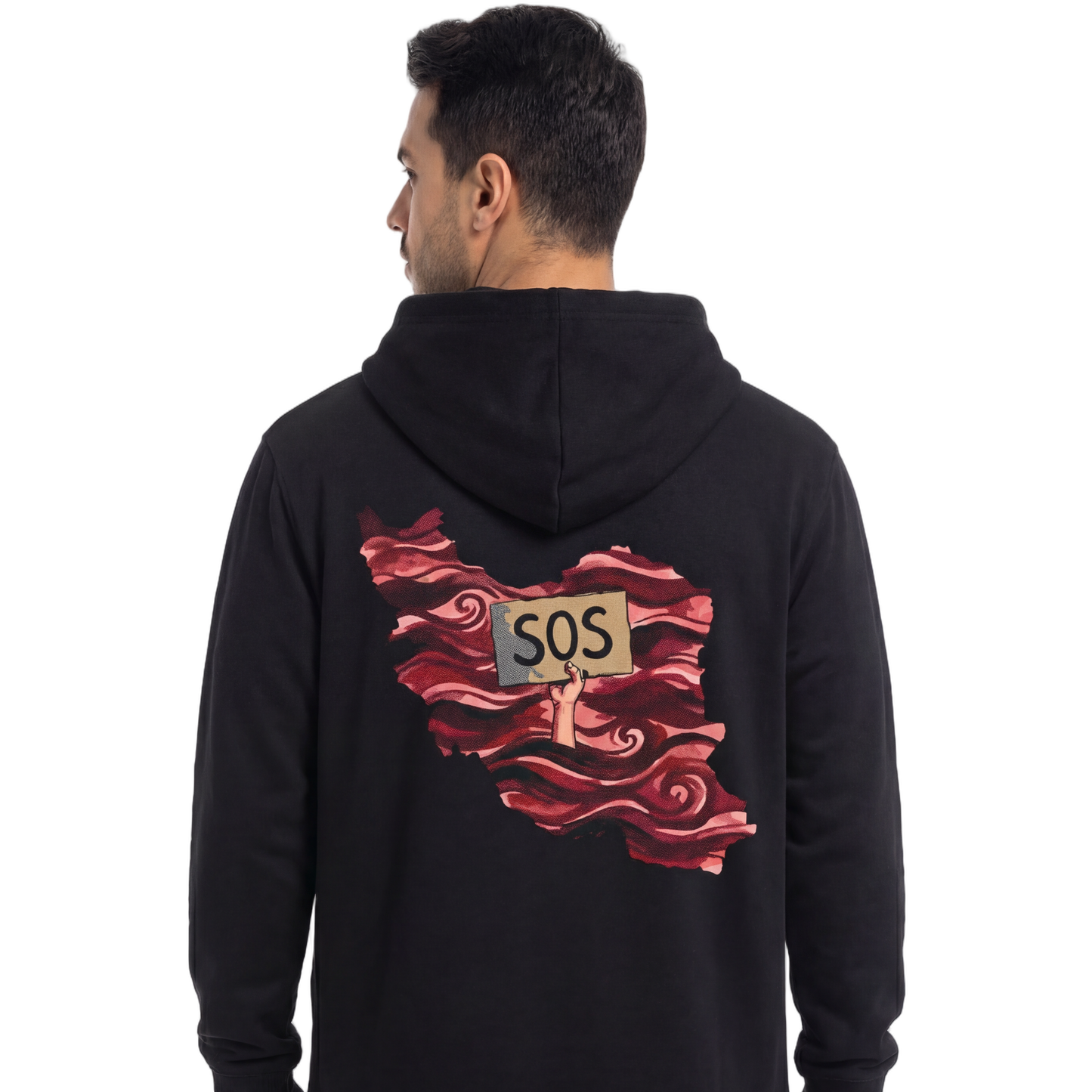 Person wearing a black hoodie with a red graphic and 'SOS' on the back, on a white background