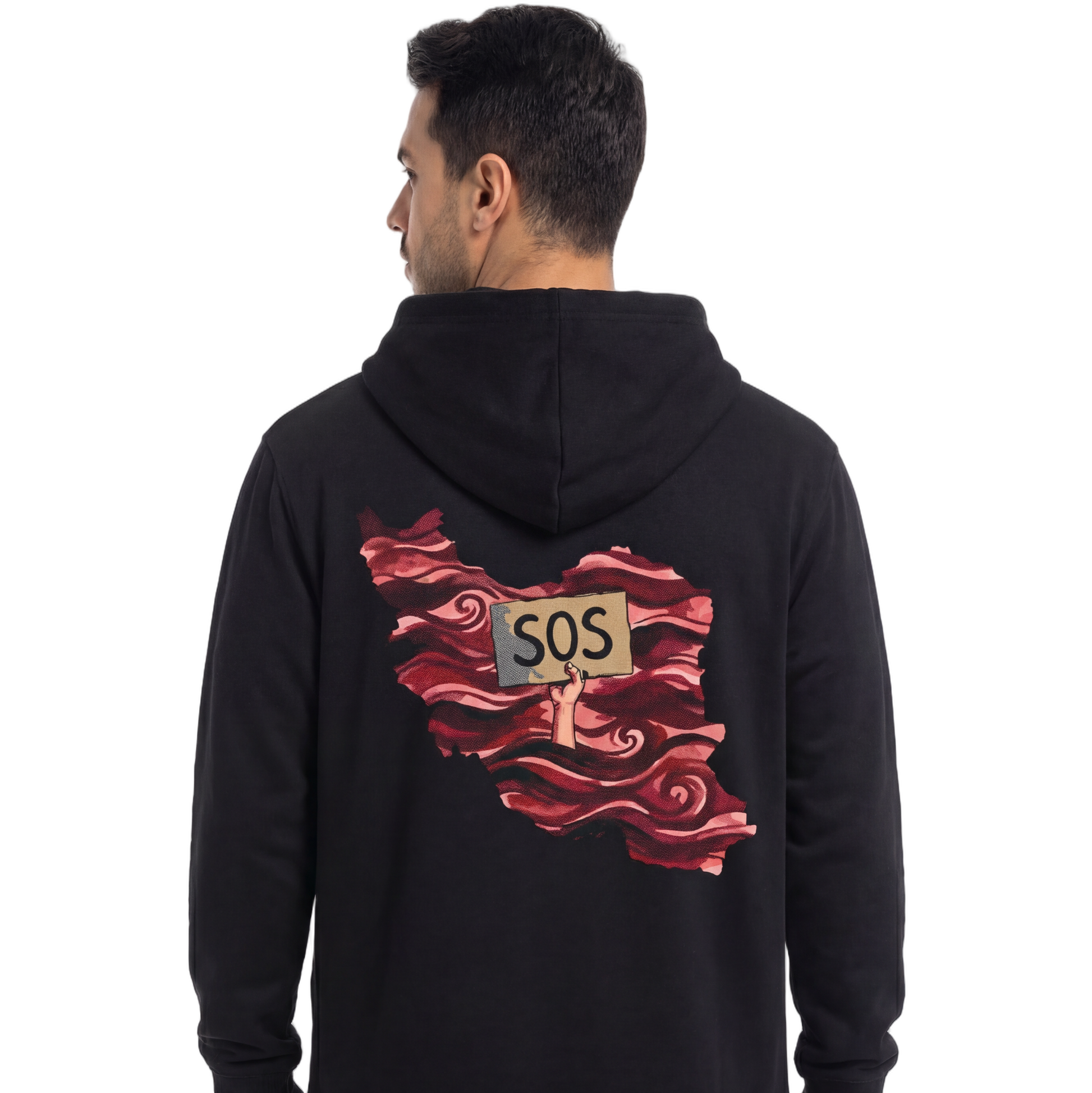 Person wearing a black hoodie with a red graphic and 'SOS' on the back, on a white background