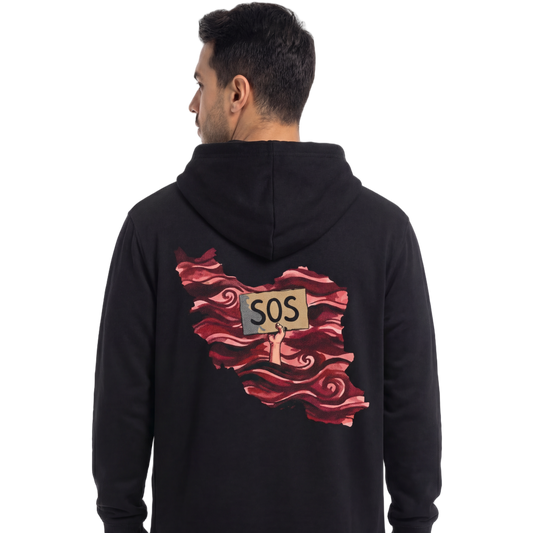 Person wearing a black hoodie with a red graphic and 'SOS' on the back, on a white background