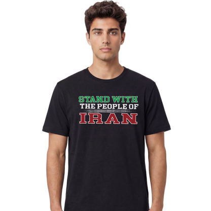 Man wearing a black t-shirt with text 'Stand with the People of Iran' on a white background
