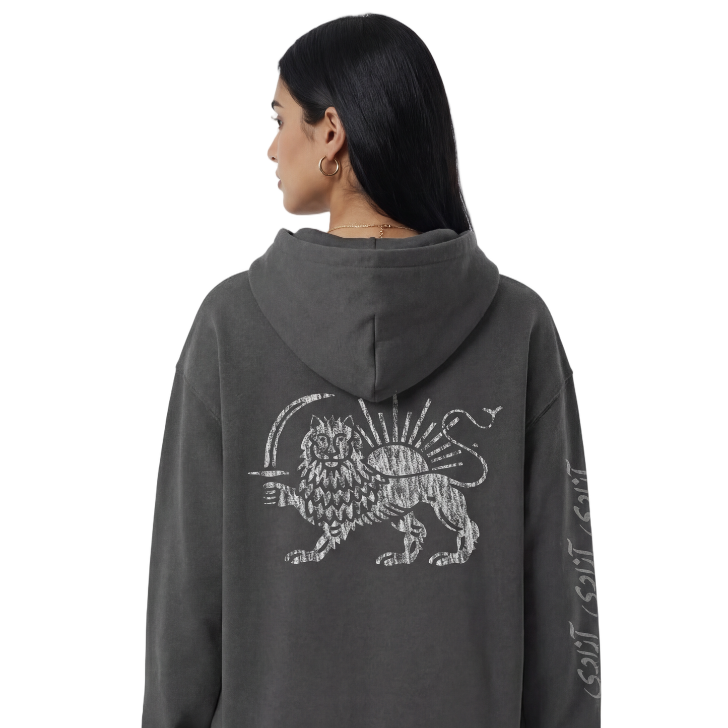 Person wearing a dark gray hoodie with a lion design on the back, standing against a white background.