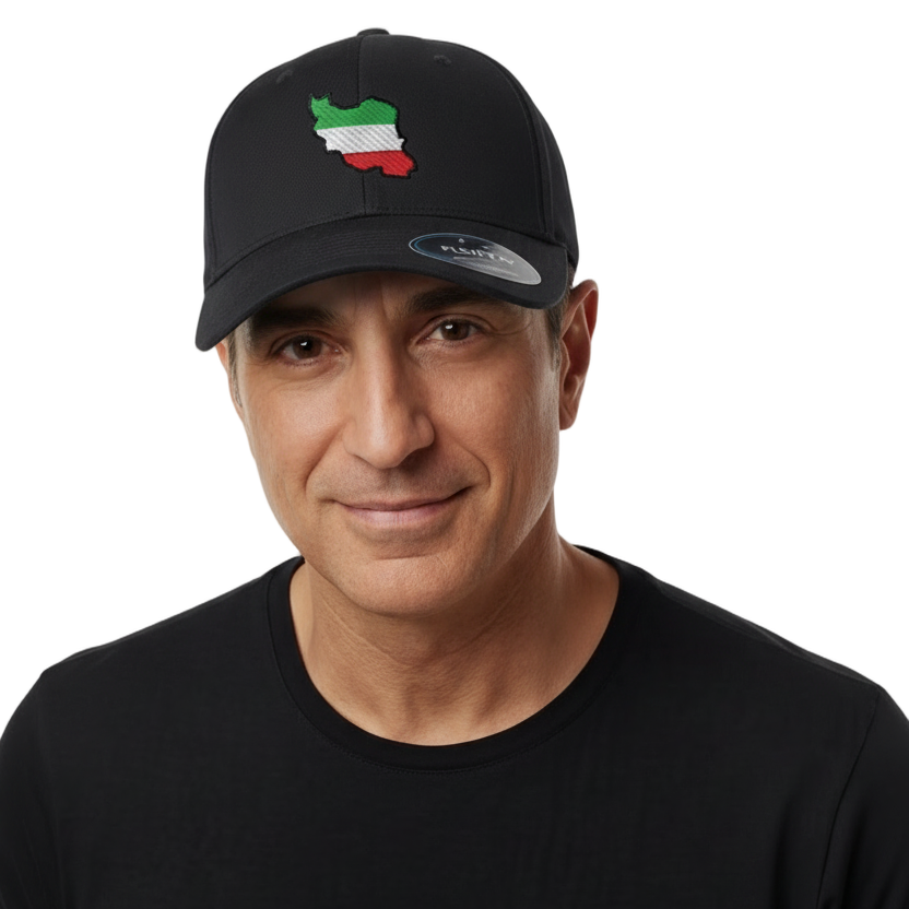 Man wearing a black cap with a flag design on a white background