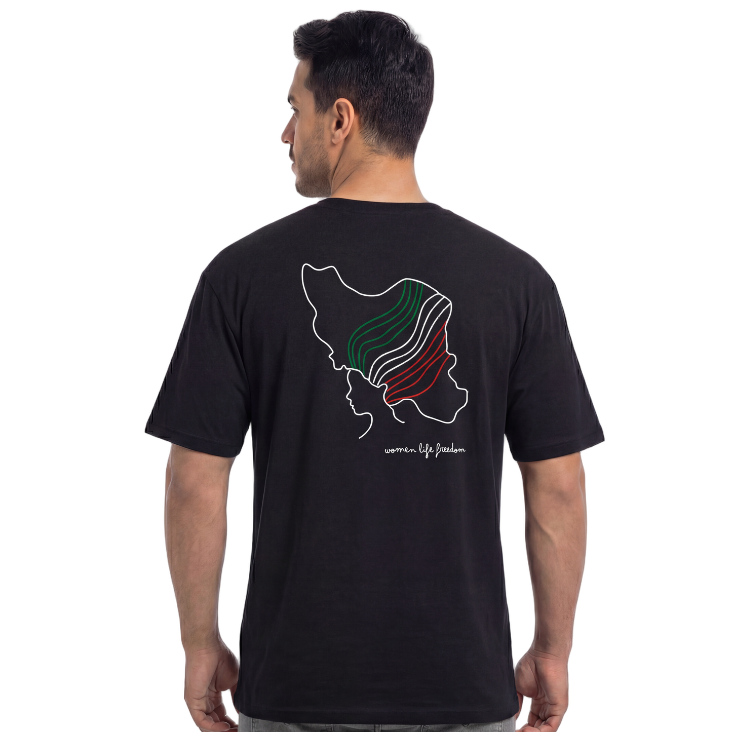 Man wearing a black t-shirt with a colorful design on the back, standing against a white background.